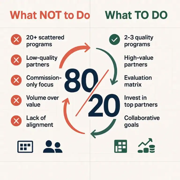 Affiliate program best practices: Focus on 2-3 quality programs. Avoid scattered, low-value partners.